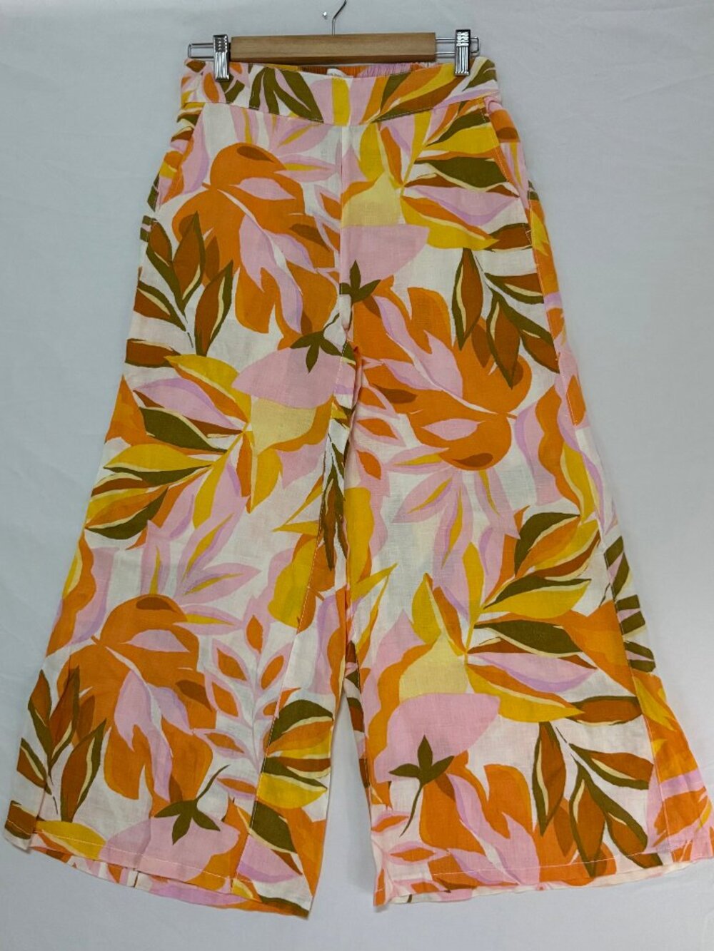 C&C California 100% Linen Wide Leg Pants Tropical Leaf Print Womens S